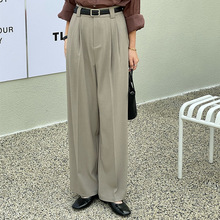 亚马逊腰带纯色拖地长裤高腰显瘦垂感直筒裤职场西装裤2023秋款