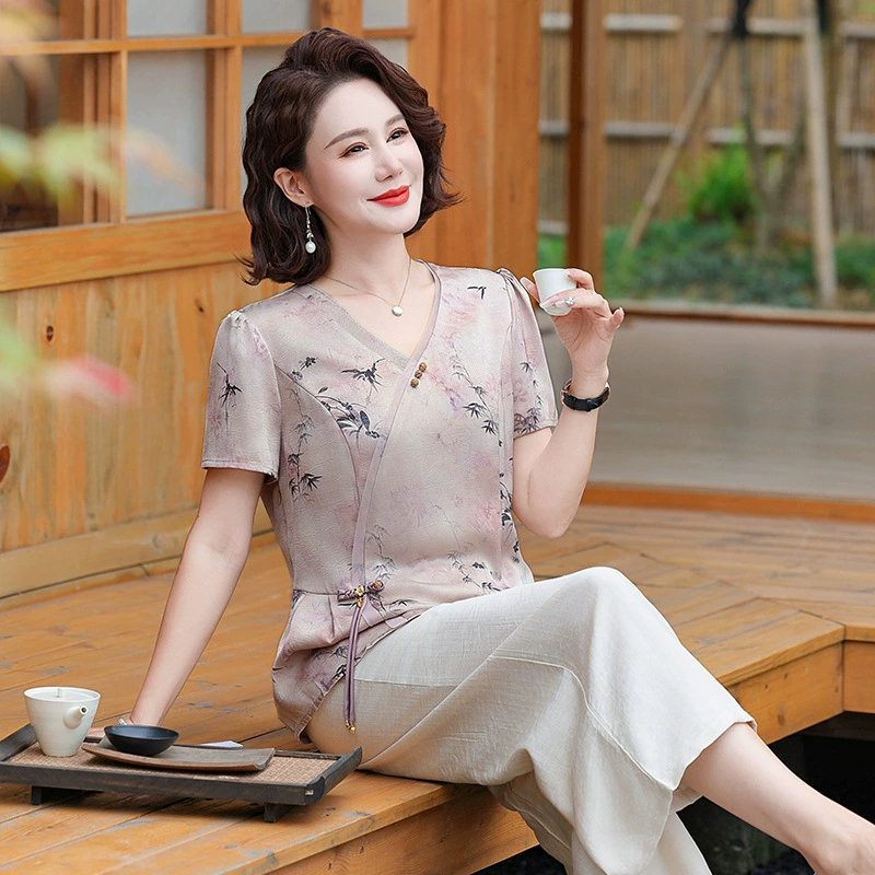 Новый китайский стиль мамы летний костюм с короткими рукавами национальная рубашка 2025 новый средний и пожилой летний топ женский