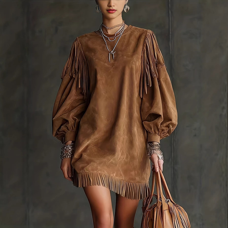 Cross-Border European and American Amazon Women's Retro Western-Style Faux Suede Tassel Lantern Sleeve Loose Mini Dress Cross-Border European and American Amazon Women's Retro Western-Style Faux Suede Tassel Lantern Sleeve Loose Mini Dress