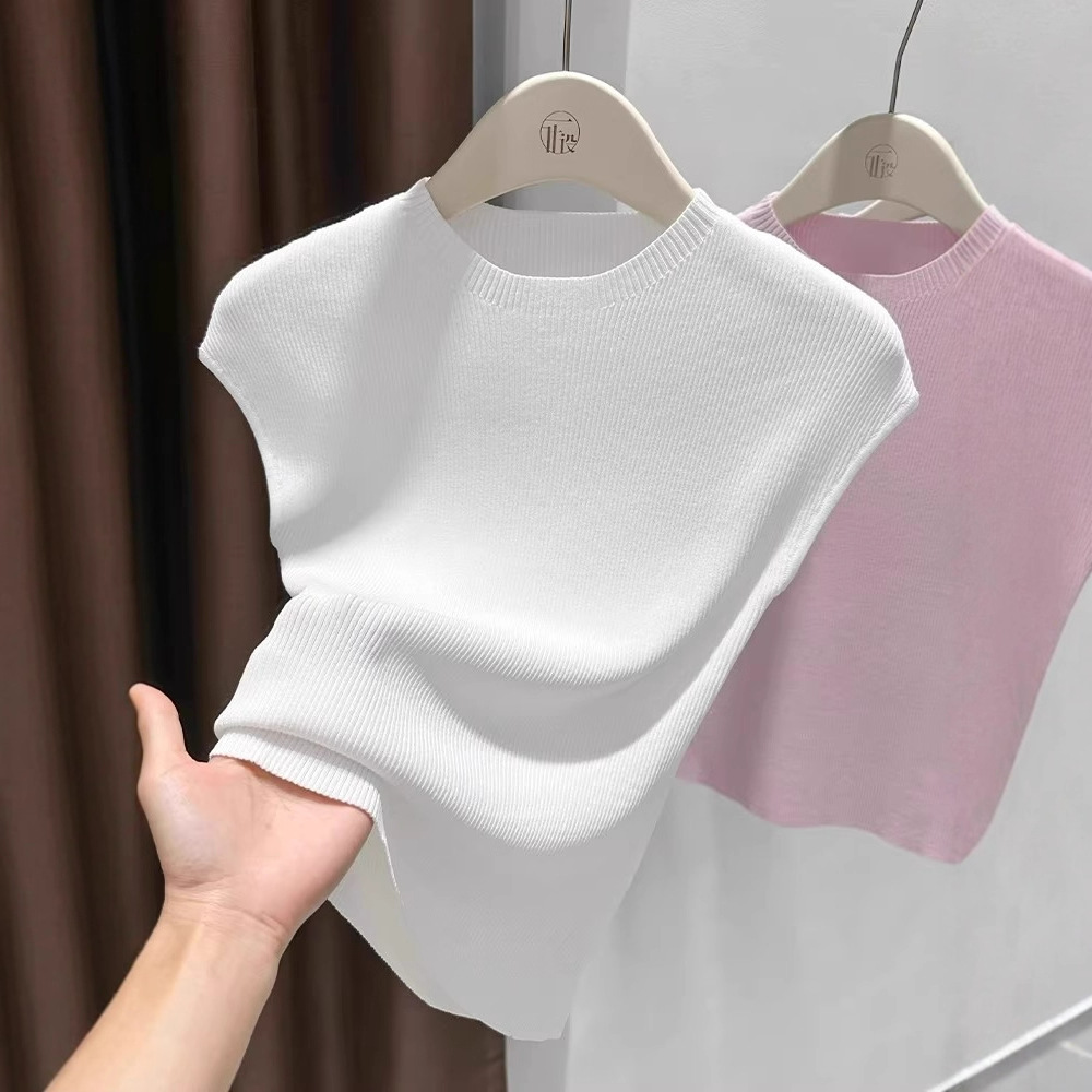 Women's Slim-Fit Short Sleeve Top Ice Silk Cropped Tee Soft Stretchy Casual Shirt for Summer with Flutter Sleeves_ecoleips.com