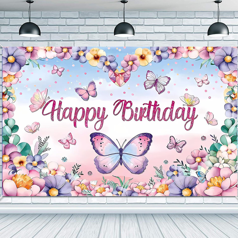 Amazon Photography Backdrop Cartoon Butterfly Birthday Party Gender Reveal Hanging Cloth Decoration Banner Hanging Cloth Foreign Trade
