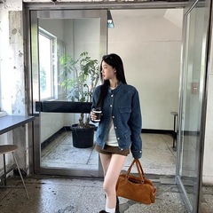 牛仔小香风外套女2025秋季新款宽松版小众肌理感立领蓝色夹克上衣