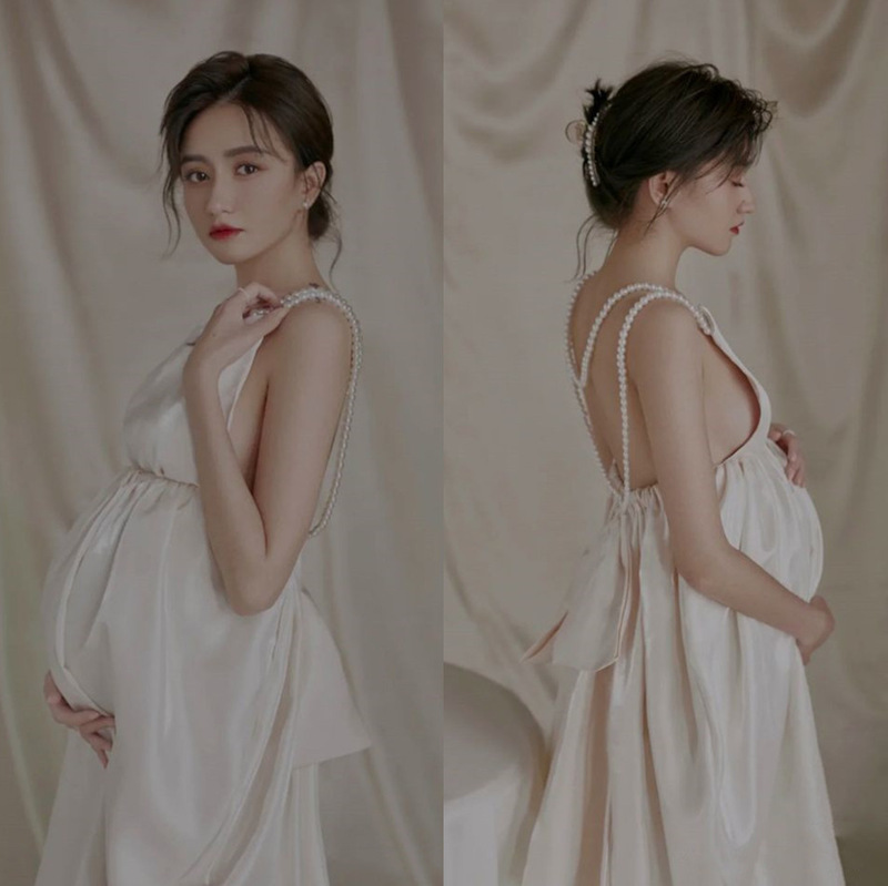 2021 Photo Studio Shooting Spring and Summer New Super Fairy Maternity Dress Pearl Backless Bow Dress Elegant Dress