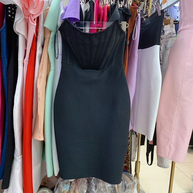 欧美贝壳抹胸设计感心机小黑裙轻奢小众高端包臂性感裙子C1#1002