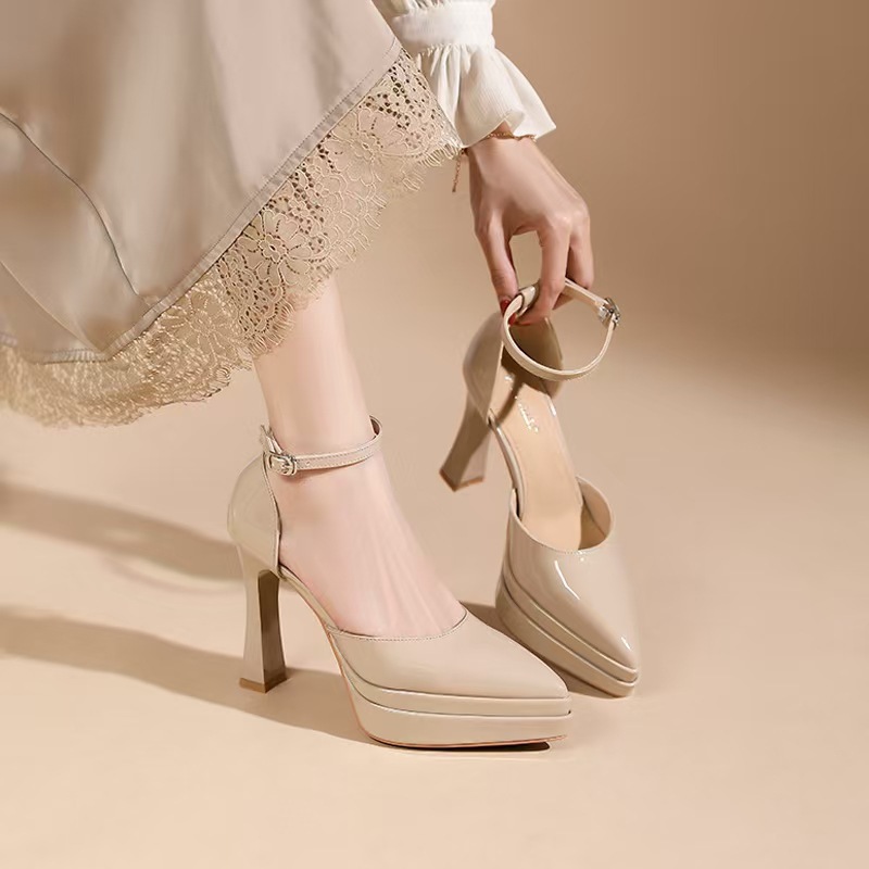 Sandal cao gót nữ mũi nhọn quai ngang khóa dây, gót 11 cm, đế platform — Màu nude - 11cm