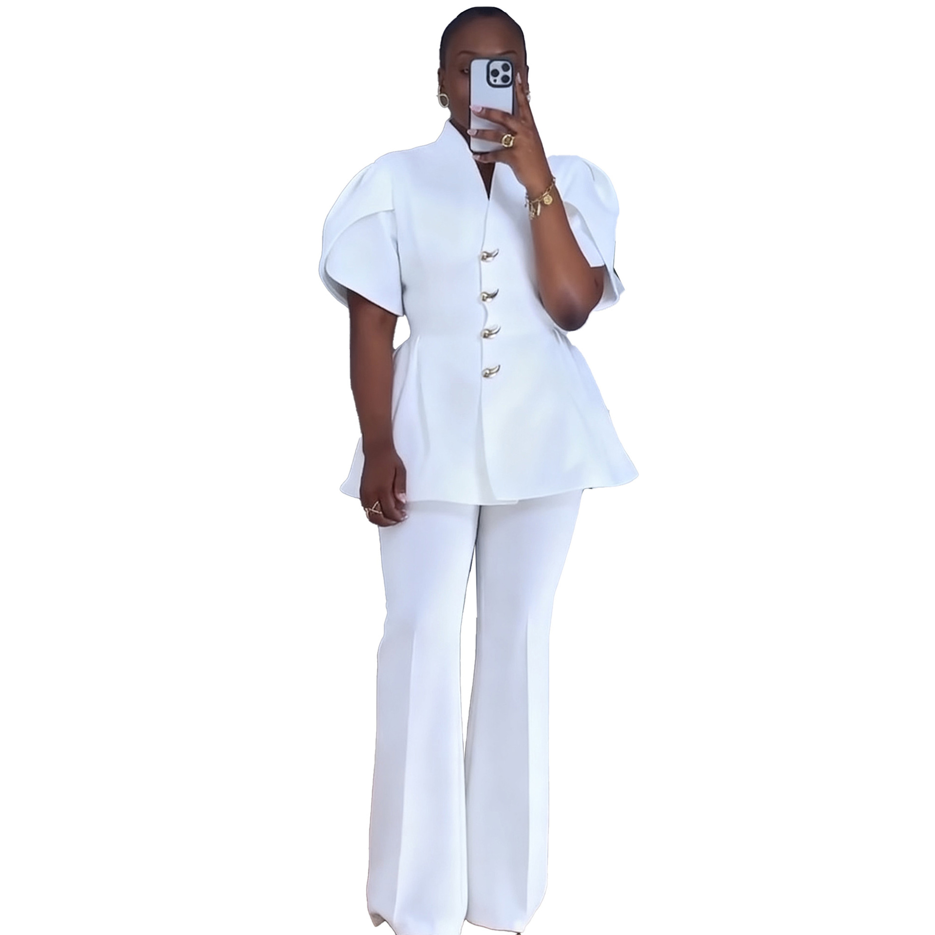 Completo elegante due pezzi con maniche a sbuffo per donna_voghion.com