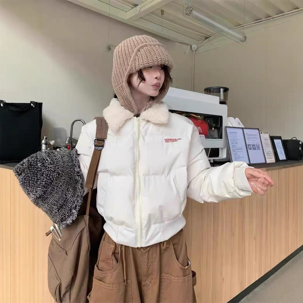 Letras bordadas empalmadas con solapa plumón chaqueta de algodón para mujeres 2025 invierno suelto y grueso chaqueta corta de algodón