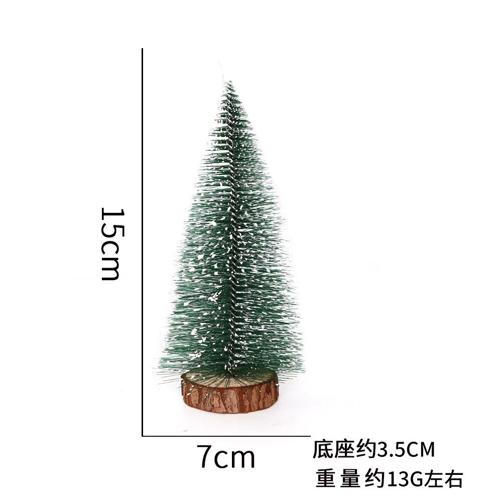 Mini tabletop Christmas tree, snow‑dipped tips, natural wood base, heights 10–40 cm