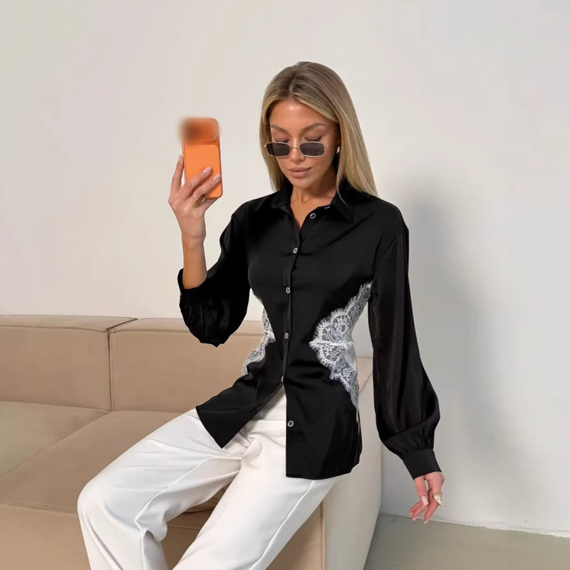 Cross-Border European and American Women's Shirts, Fashionable Lace Back-Tie Waist-Cinching Silky Satin Long-Sleeve Stand-Collar Blouse Cross-Border European and American Women's Shirts, Fashionable Lace Back-Tie Waist-Cinching Silky Satin Long-Sleeve Stand-Collar Blouse