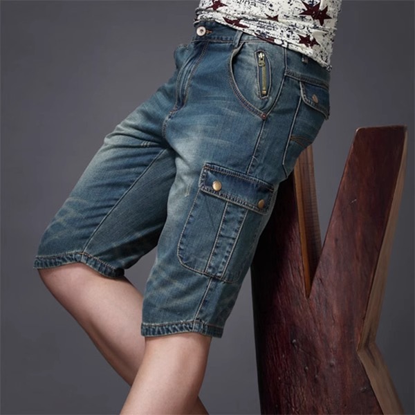 Summer Thin Cropped Denim Shorts for Men, American Style Loose Straight Multi-Pocket Slim Casual Mid-Length Cargo Shorts