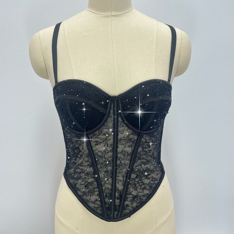 European and American Women's Slim Sexy See-Through Mesh with Sequins Breathable Body-Shaping Fishbone Bra Tube Top Vest Style Bra