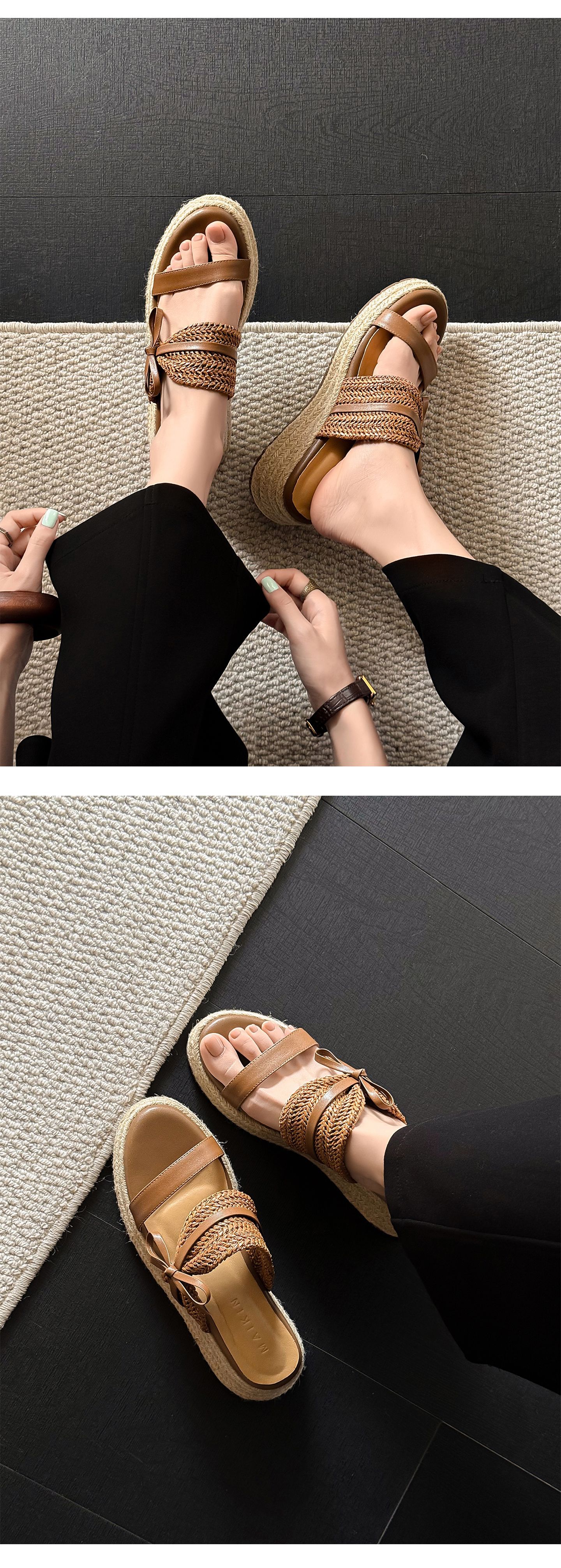 Dép sandal xỏ ngón nữ đế đan rơm cao gót nơ bướm — màu nâu, màu trắng ngà chi tiết 13
