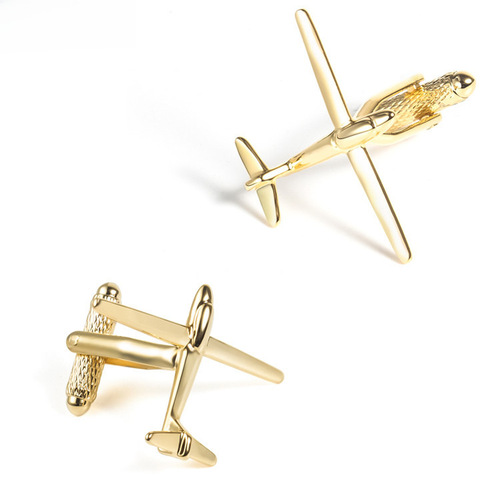 Personalized metal polished gold airplane cufflinks for men, French-style shirt cufflinks.