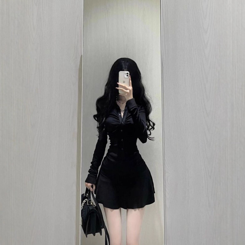 American Sexy Polo Collar Long-Sleeved Dress Women's Autum Pleated Slim Skirt Black Waist A-Line Skirt