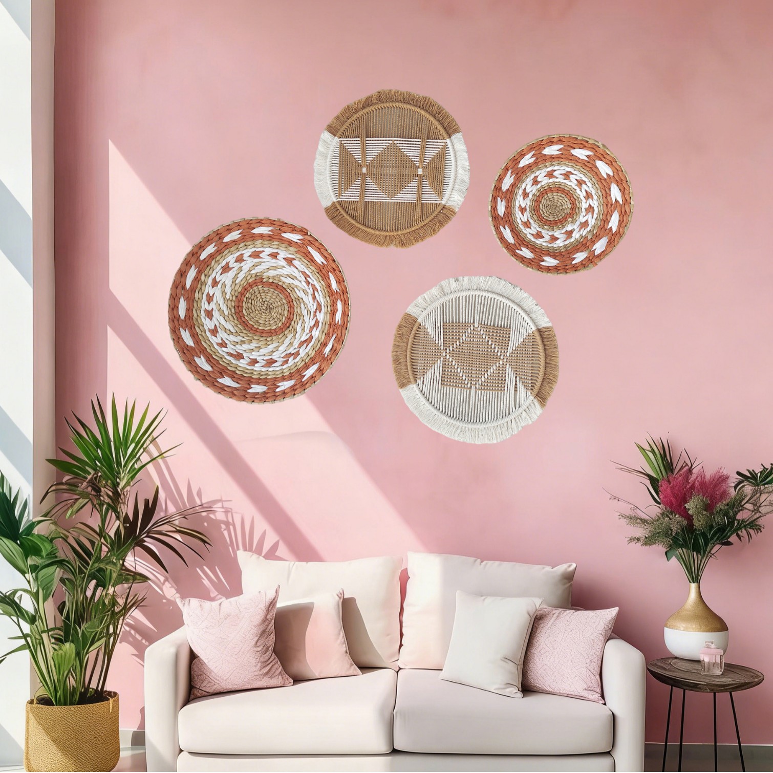 Amazon nuevo tejido de paja artesanal pared bohemia combinación de pared casa vivienda decoración de pared en stock