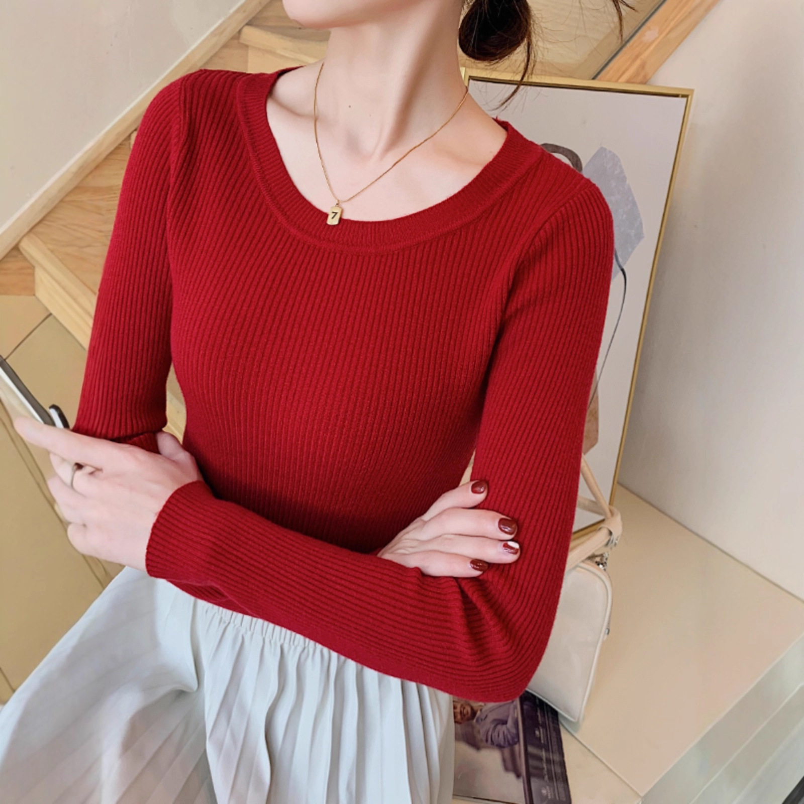 秋冬新款大码长袖低圆领套头毛衣修身百搭打底衫女纯色针织衫线衣