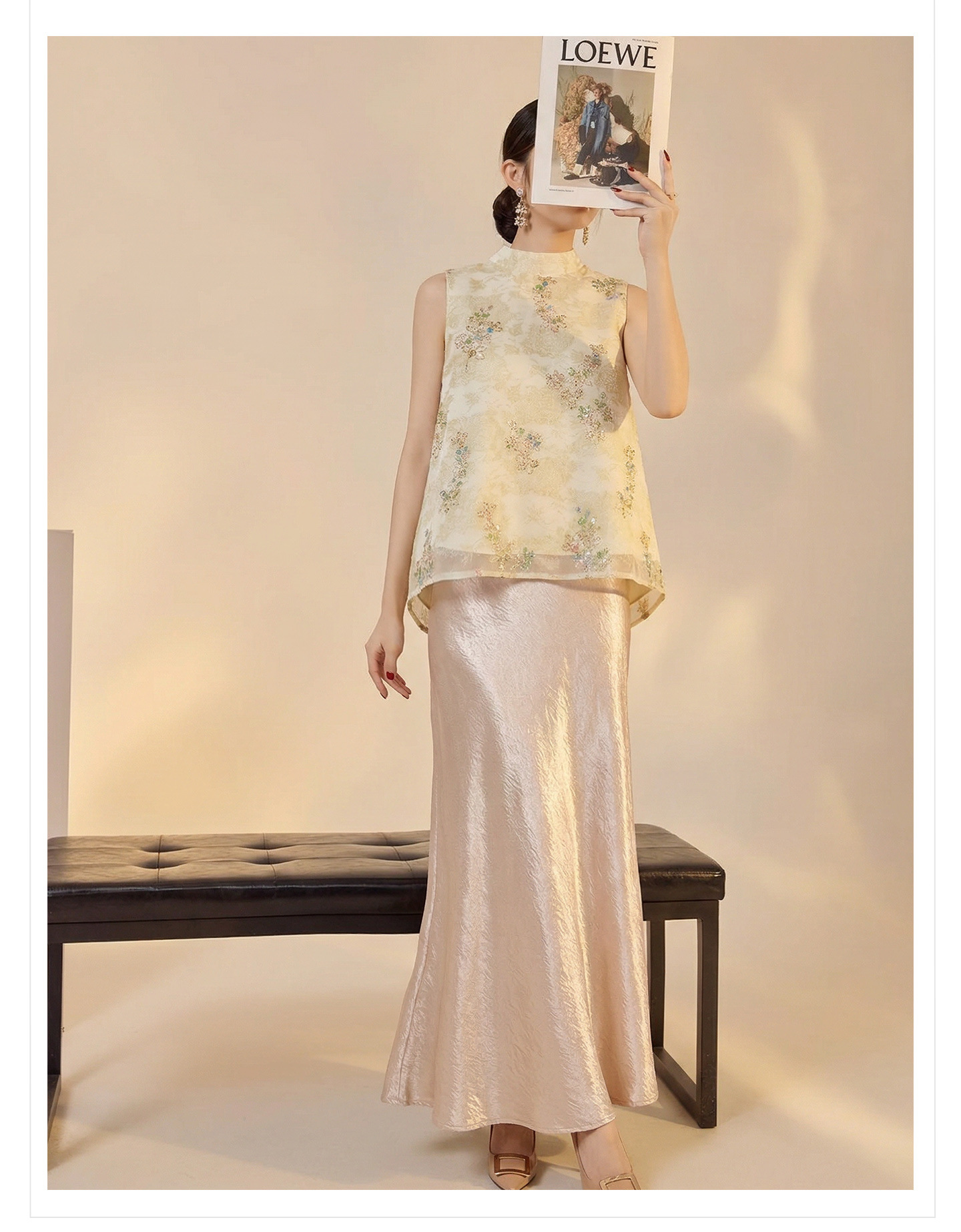 Bộ áo vest không tay lưới thêu đính cườm phong cách Tân Trung Hoa kèm chân váy nửa kín ZX P0337 — bộ đồ, Champagne màu nửa váy, Áo khoác màu mơ chi tiết 17