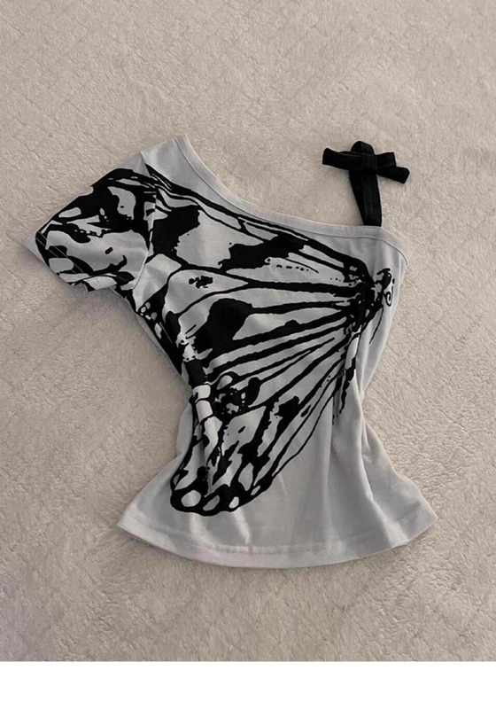 American Style Retro Butterfly Print Shoulder Strap Top Women's Popular Beautiful T-shirt This Year American Style Retro Butterfly Print Shoulder Strap Top Women's Popular Beautiful T-shirt This Year