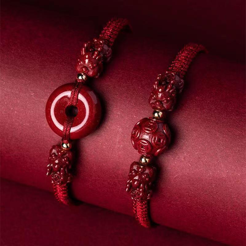 Cinnabar Double Pixiu Circle Buckle Red Rope Bracelet for Women and Men Hand-Woven Zodiac Year Jewelry Bracelet Wholesale