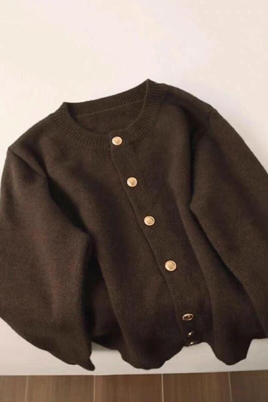 Gentle Style Soft and Waxy Raccoon Velvet Versatile Gold Button Sweater Jacket for Women Autumn Loose Lazy Brown Wool Knitted Cardigan