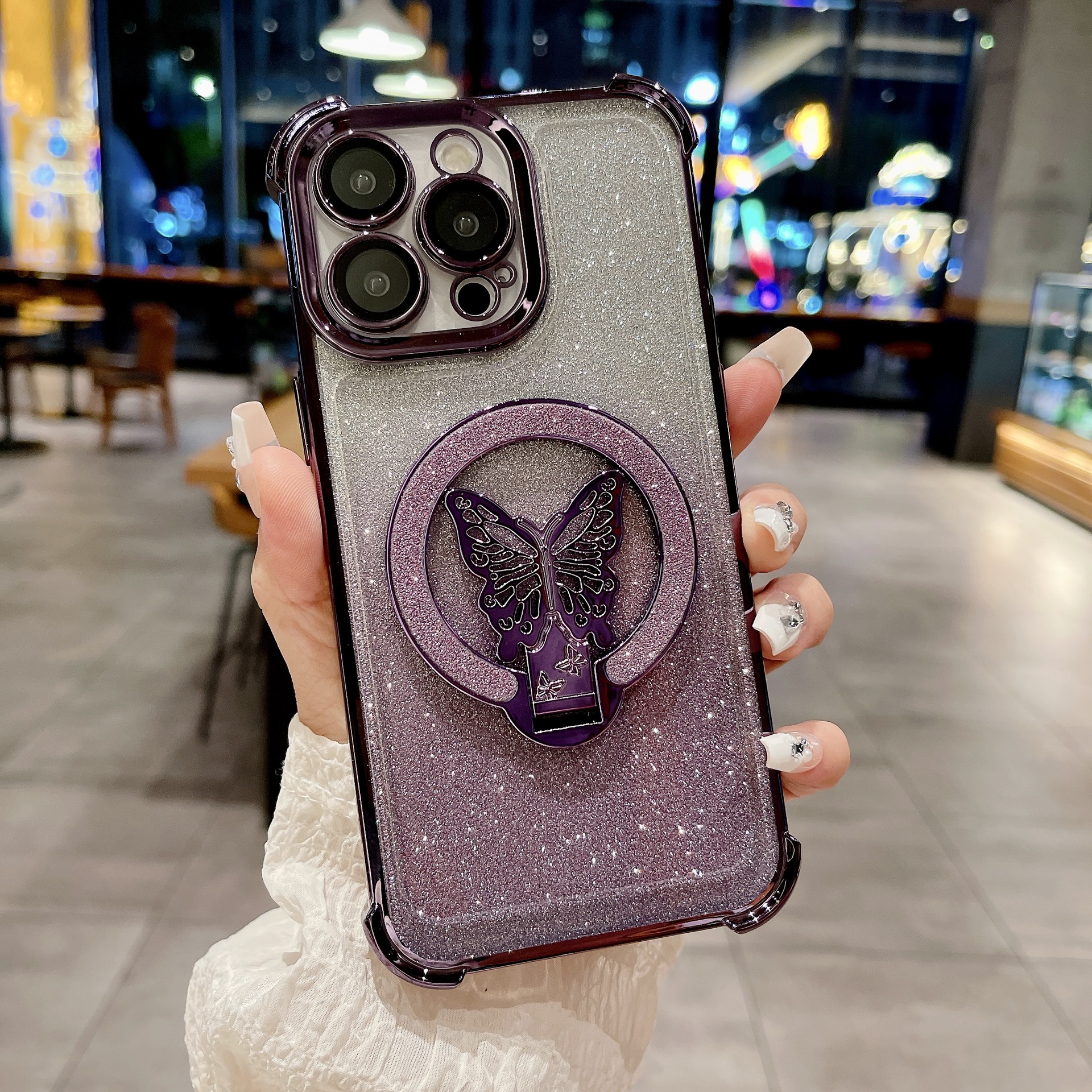 Nueva funda magnética para teléfono con purpurina de mariposa, compatible con iPhone 15, 16 y 17, con soporte y protección anticaídas en las cuatro esquinas, también compatible con iPhone 13.