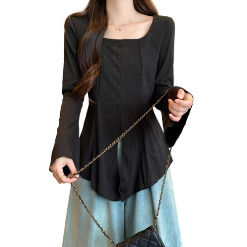 Women's Spring Autumn Plus Size Fat Hiding Stomach Covering Straight Sleeve Collar Top with Pure Desire Design