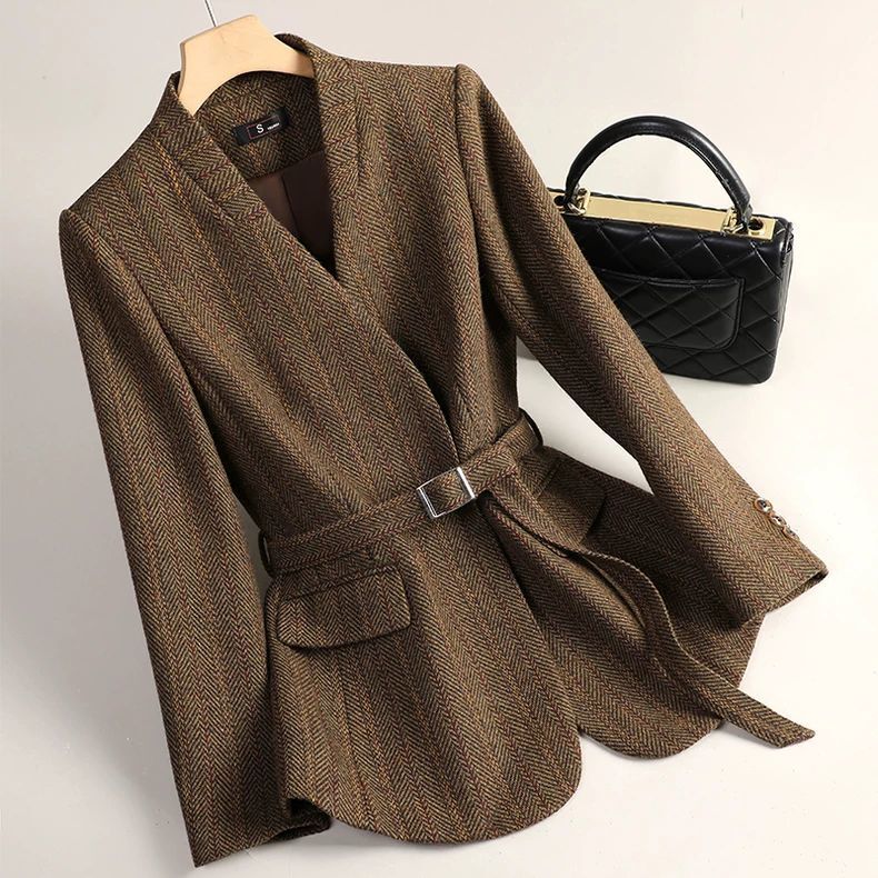 Brown Wool Suit Jacket for Women 2025 Autumn and Winter Fashionable Ladylike Elegant Waist Slimming Look Woolen Short Suit