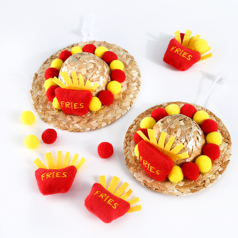 Mascota tejida de dibujos animados lindo papas fritas ajustable gato perro sombrero de paja sombrero de sol de verano divertido sombrero de carta de comercio exterior