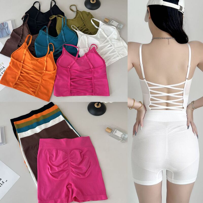 Seamless Beautiful Back Cross Hollow Bra Set Design with Padded Yoga Sports Bra Boxer Briefs Set