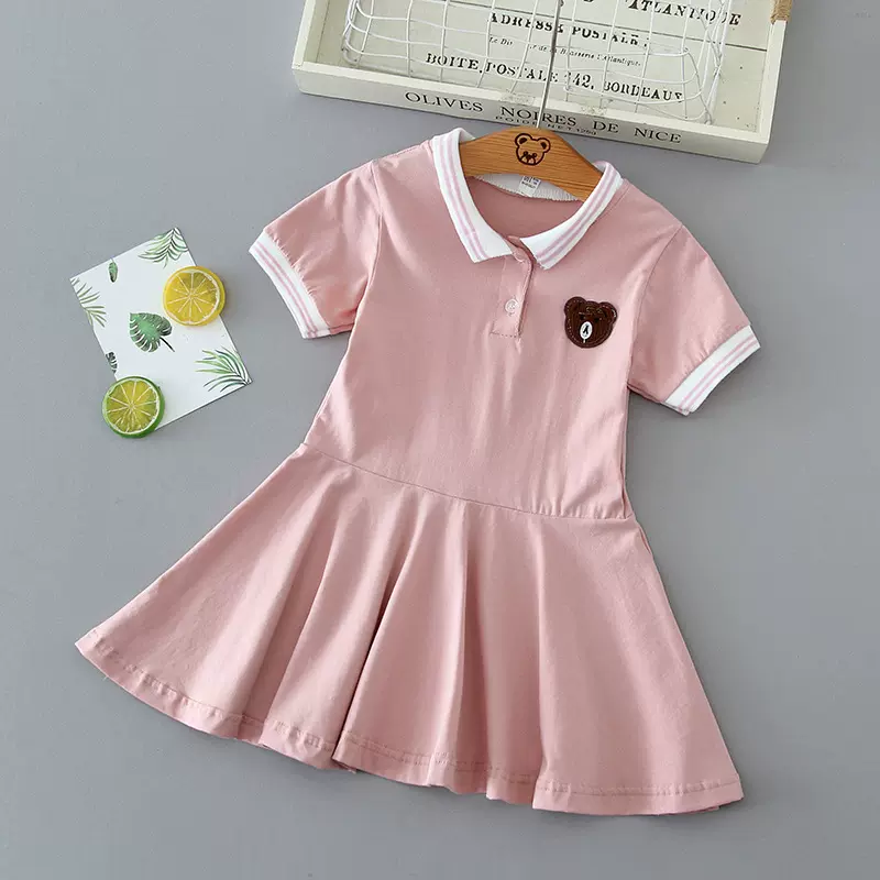潮牌女童连衣裙夏装港风中大童短袖裙子儿童学院风Polo裙中小童