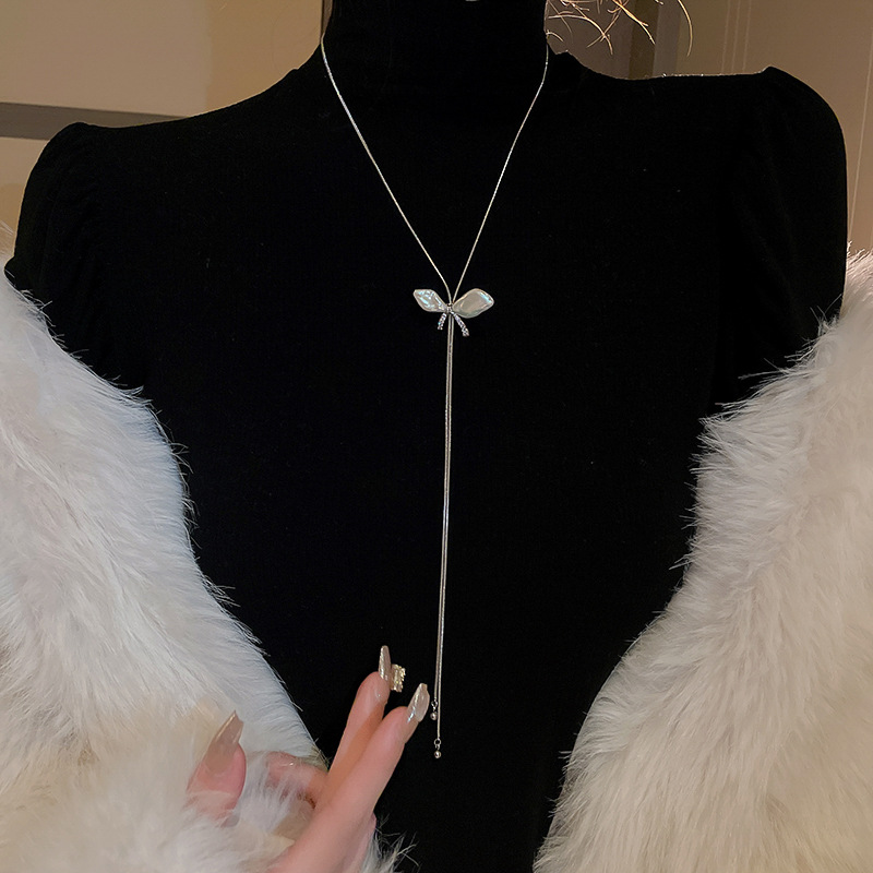 Echtes Gold galvanisierte Zirkon Schmetterling Halskette mit verstellbarem minimalistischen Reißverschluss, Pullover Kette, Herbst und Winter_voghion.com