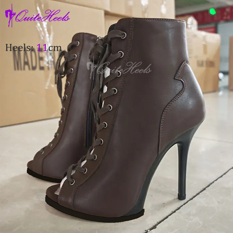 Boot nữ cổ thấp gót 11 cm chất PU sáng bóng kiểu ankle boot mũi miệng cá — cà phê, Lông cừu đen, màu vàng, Đen câm