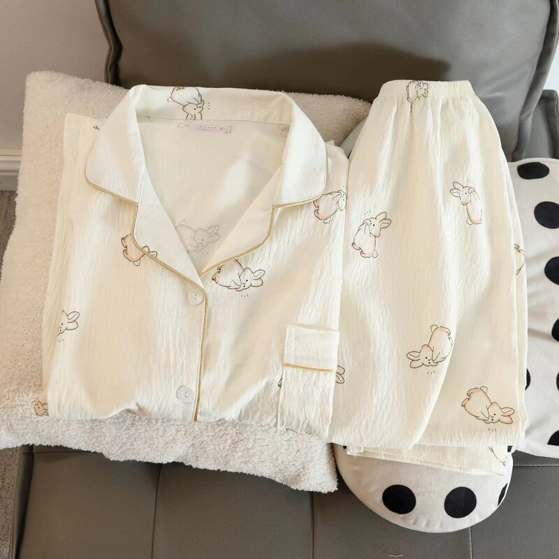 Cloud Cotton Pajamas Women's Long-sleeved Trousers Spring and Autumn Blue and White Cake Sweet Super Soft Internet Popular Home Clothes suit Outer Wear