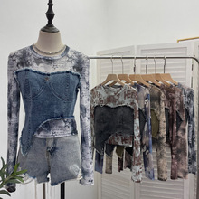 实拍 扎染印花拼接牛仔t恤女秋设计感不规则毛边短款长袖上衣2617