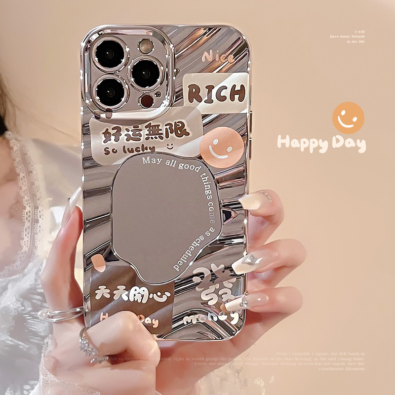 Fortune and Good Luck Text Suitable for iPhone 17 Pro Phone Case Max Apple 14 Electroplated Mirror 13Th Generation 16 Hard