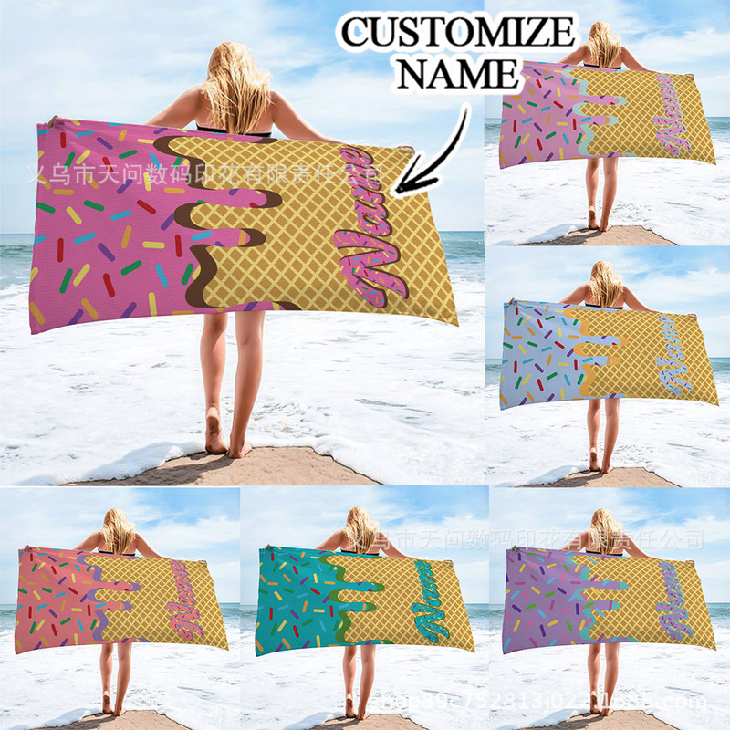 Beach Towel Printed Bath Towel Ice Cream Lettering Custom Temu Shein Jit Beach Bathroom Absorbent Towel