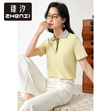 臻汐新款女撞色罗纹POLO领短袖时尚T恤小众设计感上衣SN907