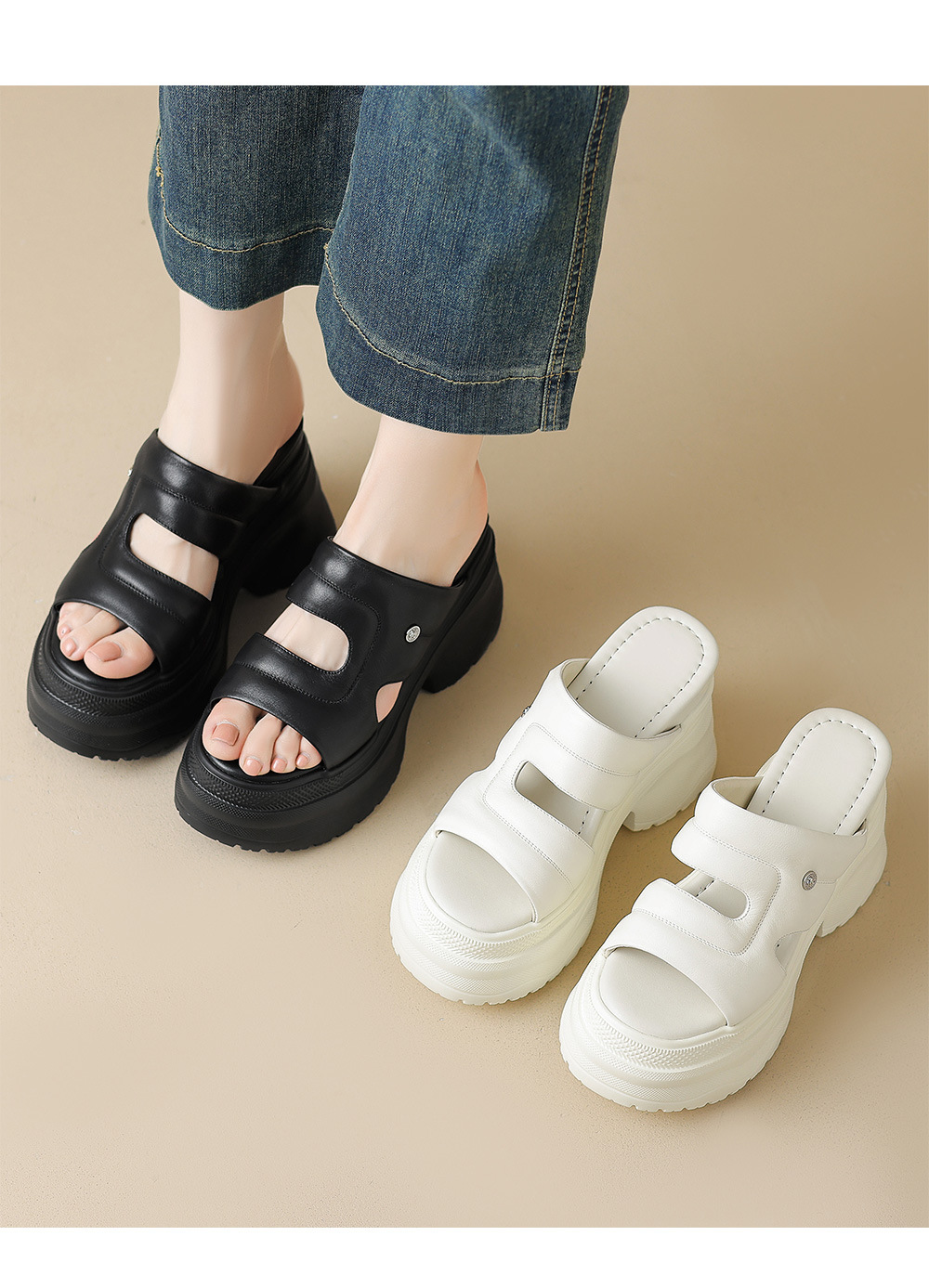 Dép sandal cao gót nữ hở mũi quai ngang da thật đế dày — Màu đen, Màu trắng chi tiết 10