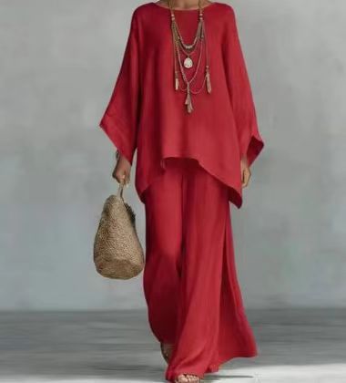 Women's Simple Loose Fit Linen Blend Shirt And Wide Leg Pants Set Casual Comfortable Two-Piece Outfit_ecoleips.com