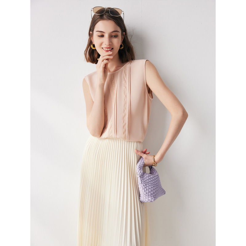 Ghost Crepe 100% Mulberry Silk Sleeveless Silk Blouse 2026 Spring/Summer Commuter Round Neck Lace Patchwork Silk Pullover