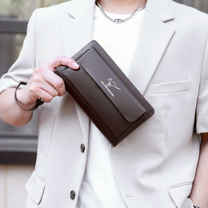 Men's Large Capacity Clutch Bag Double Zipper Long Wallet Stylish Casual Handbag Trendy Mobile Phone Bag Black Brown_voghion.com