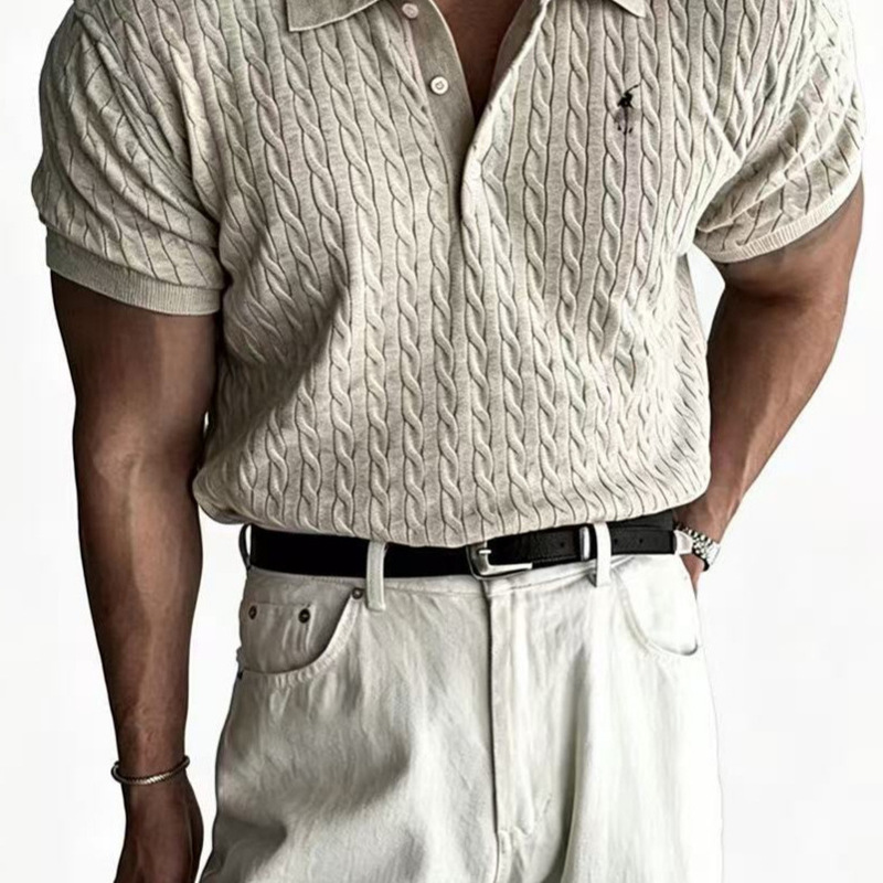Men's Cross-Border Vintage Style Knitted Polo Shirt with Embroidered Pony and Cable Knit Design, New Summer Casual Business Wear Men's Cross-Border Vintage Style Knitted Polo Shirt with Embroidered Pony and Cable Knit Design, New Summer Casual Business Wear