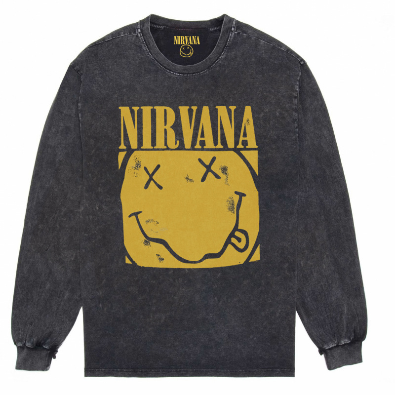 Nirvana Vintage American retro apenado rock punk angustiado lavado batik Camiseta de manga larga