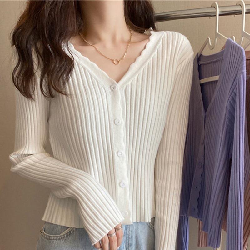 修身针织开衫温柔风春秋短款长袖上衣领针织衫外套打底衫女潮