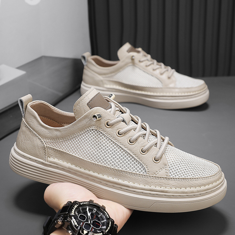 Zapatillas transpirables de malla de ojos grandes de cuero de microfibra de verano 2025 Versión coreana de zapatos negros de suela gruesa en vivo Zapatos de hombre Douyin Tide