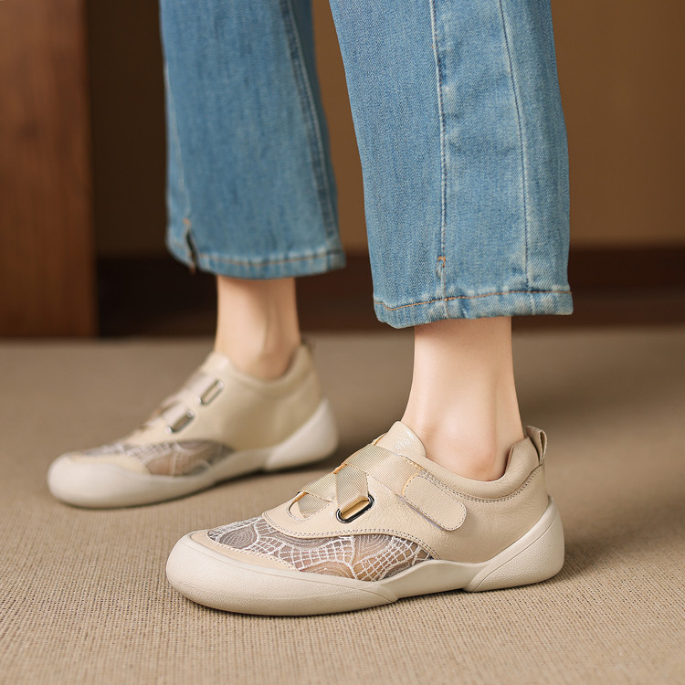Giày sneaker nữ phối màu da thật lỗ thoáng khí đế bệt buộc dây kết hợp miếng dán — màu trắng ngà chi tiết 59