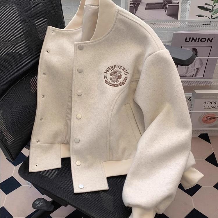 Full of Girly Charm! Tweed Style Baseball Uniform Woolen Jacket Women's Spring & Fall Loose Bomber Jacket Cardigan Top