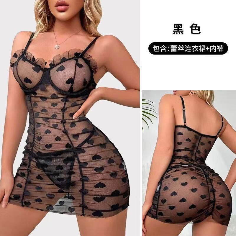 European and American Style Sexy Lingerie Dress with Heart Print, Tie-Up Bow Neckline, Sheer Mesh, and Erotic Nightgown