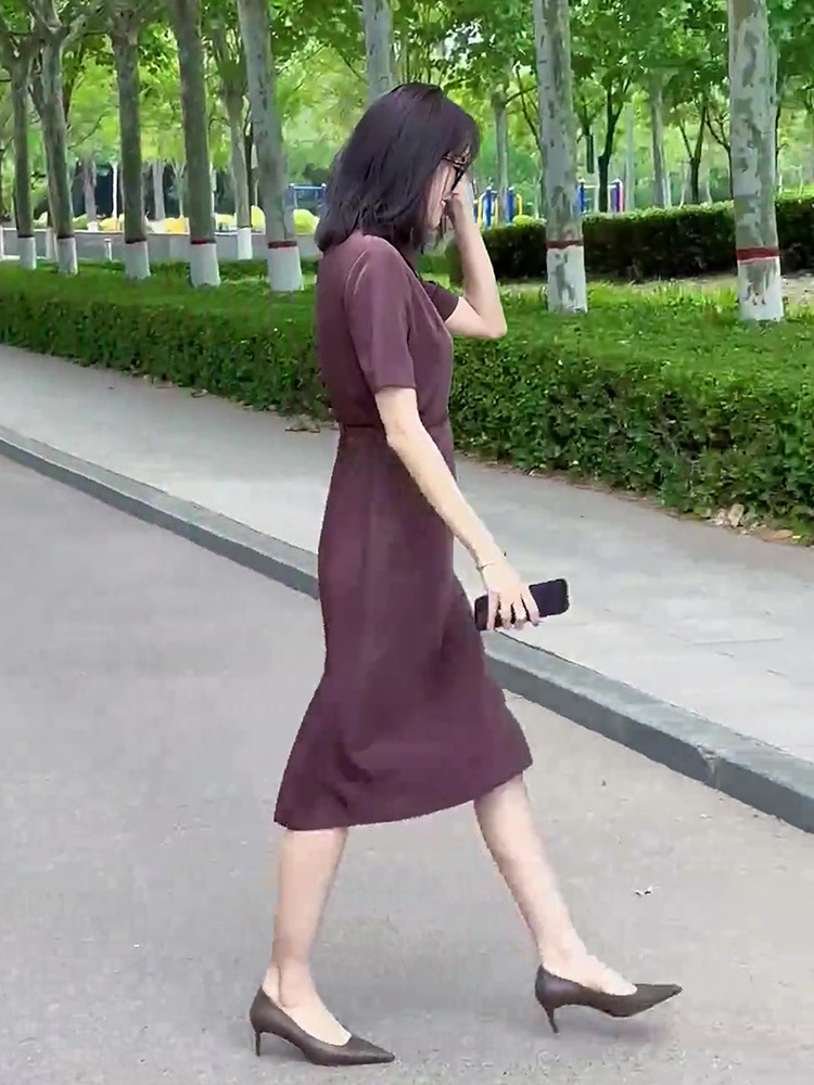 Váy liền cổ polo tay ngắn dáng suông midi màu tím kiểu Pháp – tôn dáng cho nàng thấp bé — Màu cà phê, Màu trắng chi tiết 8