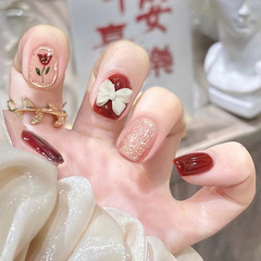 X159假指甲貼片可拆卸穿戴甲酒紅玫瑰蝴蝶結大紅色美甲貼片成品短